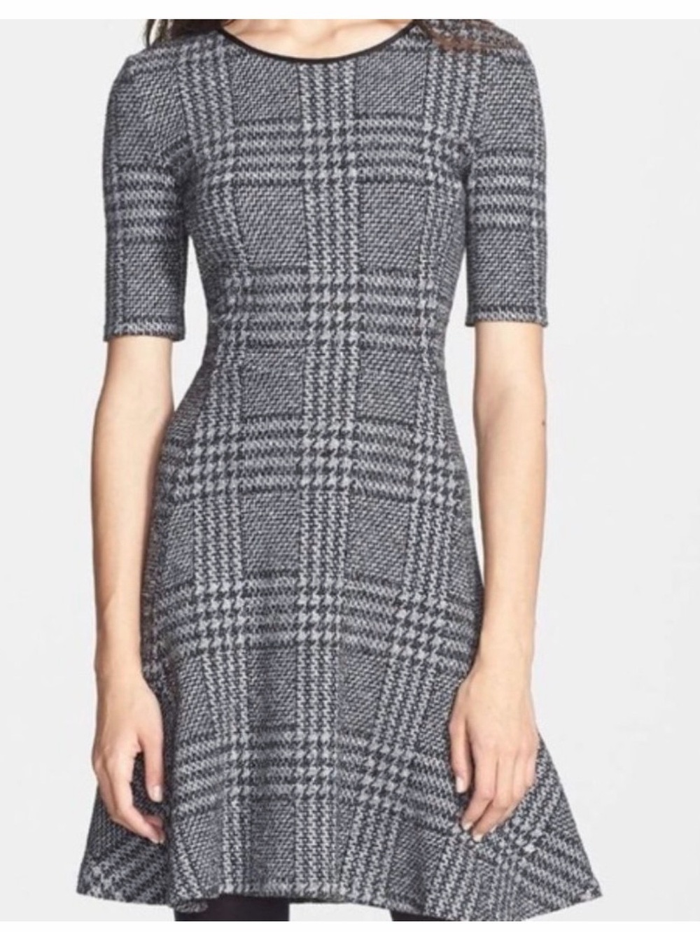 Theory Gray Plaid Midi Dress with Fit-and-Flare Silhouette